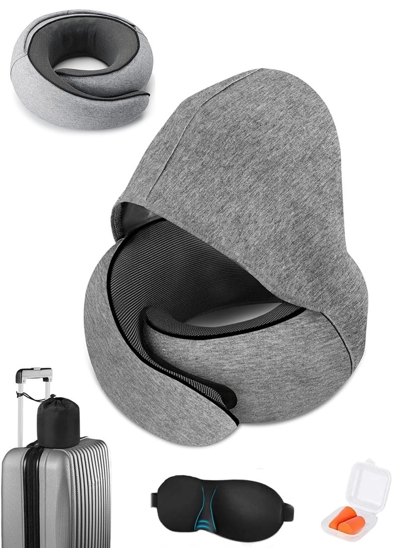 Portable Travel Neck Pillow with Foldable Hood, 360° Ergonomic Support, Windproof Design, Memory Foam, Eye Mask & Ear Plugs, Washable Cover – Light Grey - Image 1